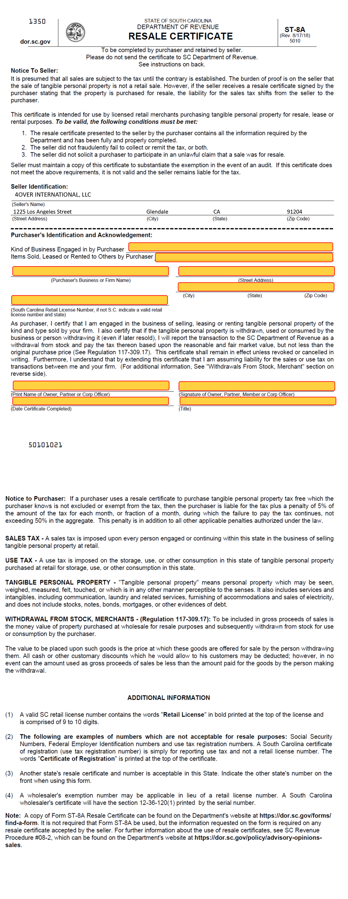 Tax Exempt Cert Information